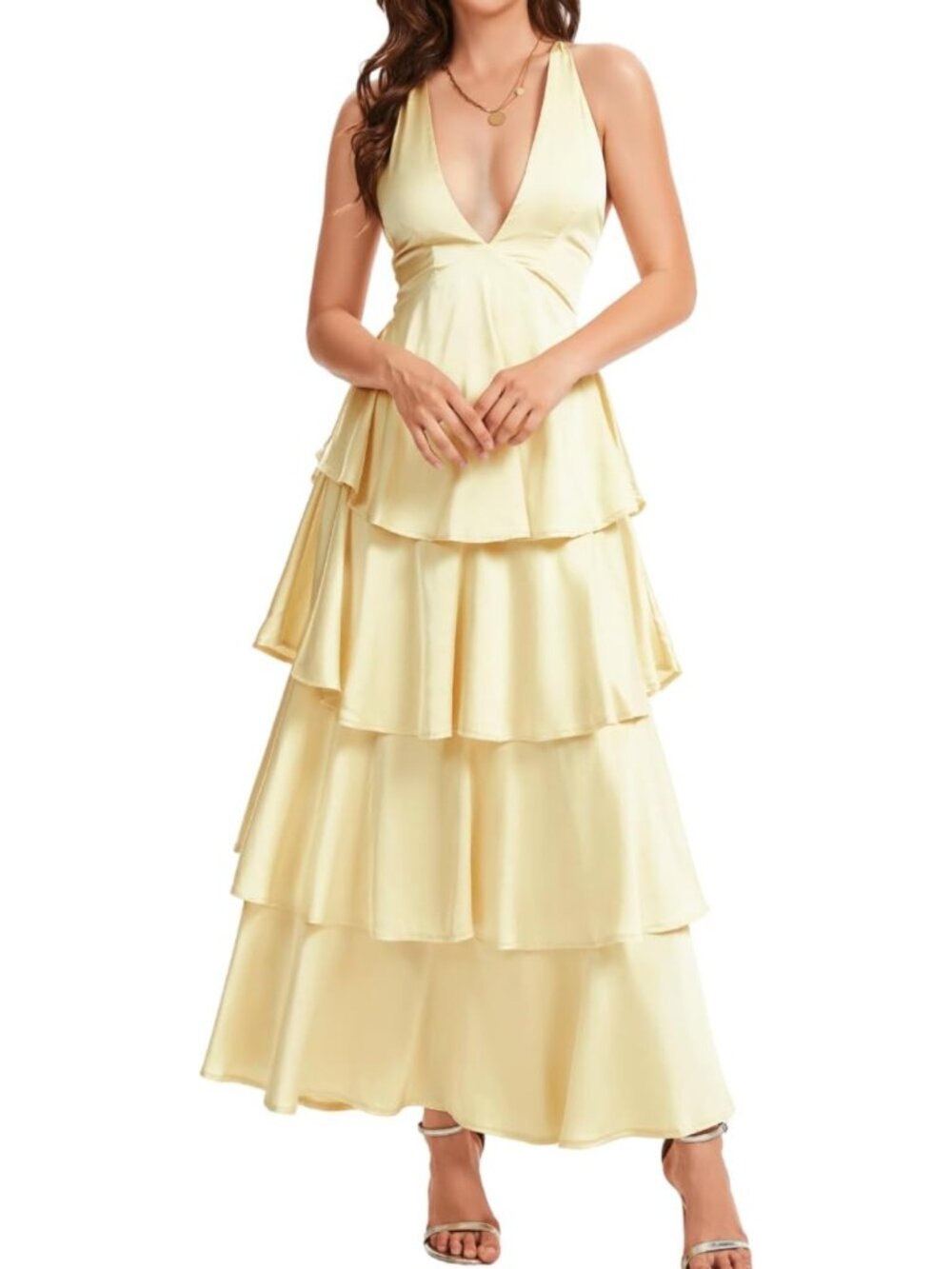 Elegant Ruffle Tiered Maxi Dress | Deep V Backless Satin Formal Gown for